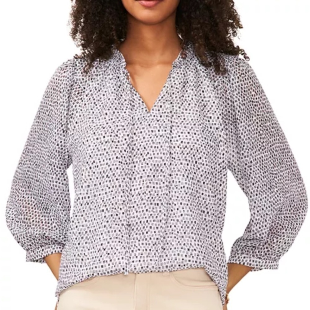 NWT VINCE CAMUTO Printed 3/4 Sleeve Tie V-Neck Lined Peasant Blouse Size Medium
